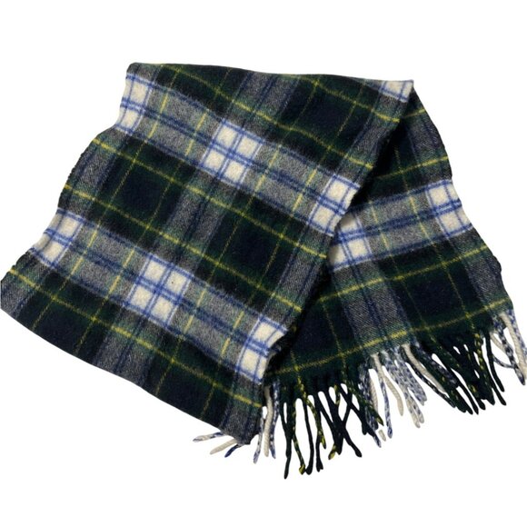 Highland Tweeds Lambswool Plaid Scarf From Scotland 10" x 56" Blue Green White - Picture 1 of 6